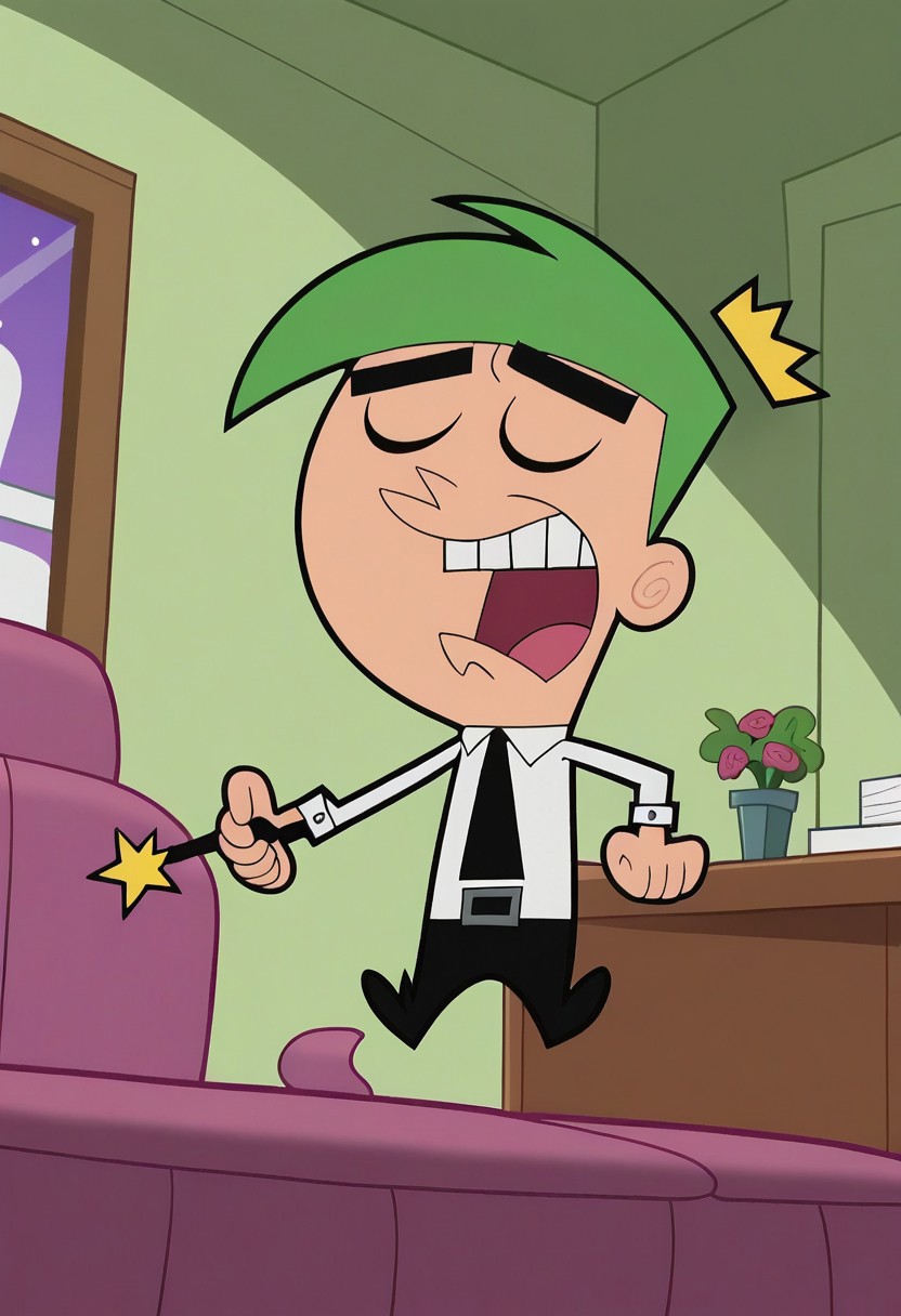 score_9, score_8_up, score_7_up, score_6_up, score_7_up,source_cartoon BREAK cosmo, 1boy, male focus, solo, green hair, parody, ^^^, teeth, closed eyes, open mouth, wand, necktie, shirt, white shirt, chibi, BREAK flying, indoors,bedroom,looking at viewer, cowboy shot, dutch angle