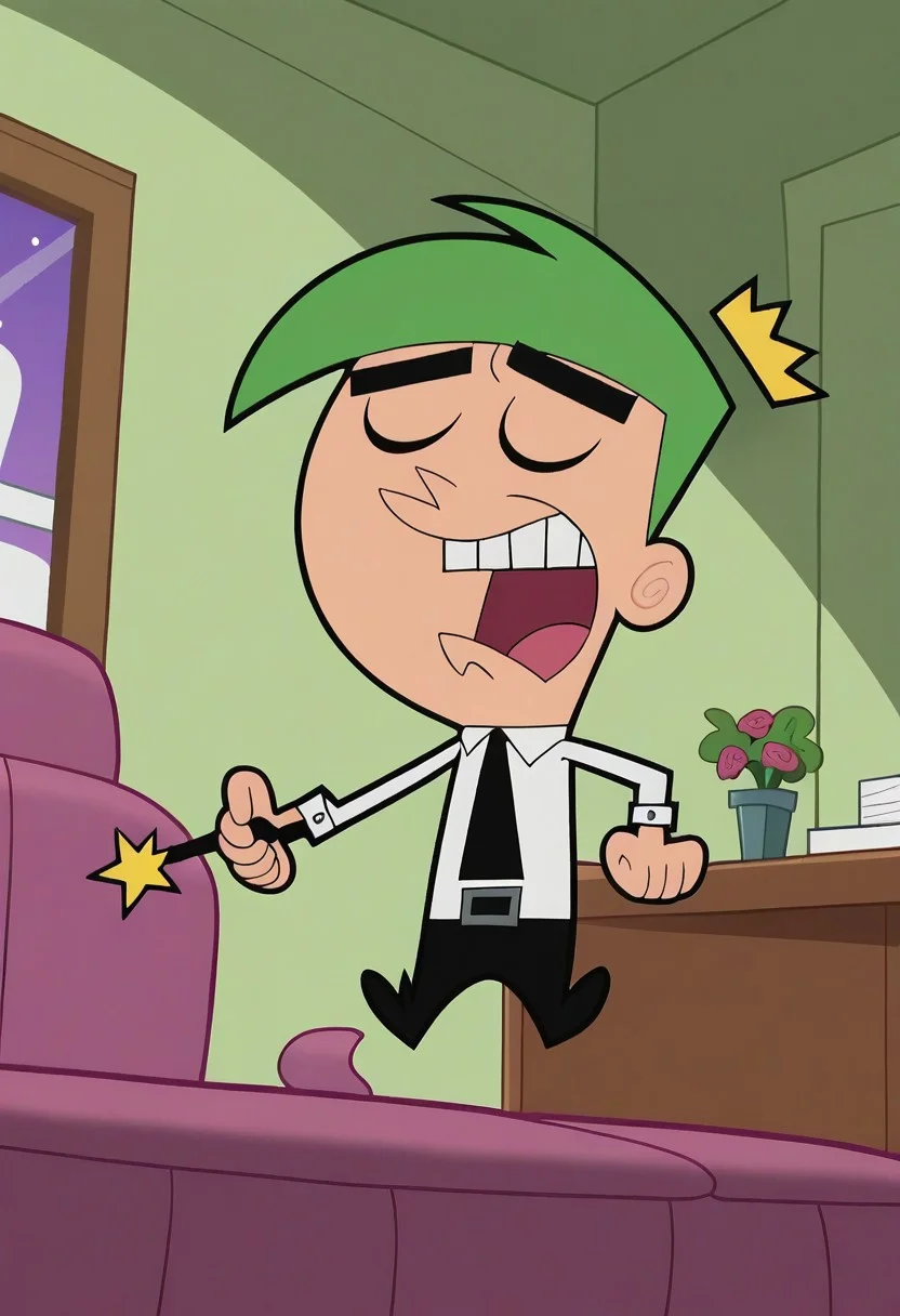 score_9, score_8_up, score_7_up, score_6_up, score_7_up,source_cartoon BREAK cosmo, 1boy, male focus, solo, green hair, parody, ^^^, teeth, closed eyes, open mouth, wand, necktie, shirt, white shirt, chibi, BREAK flying, indoors,bedroom,looking at viewer, cowboy shot, dutch angle