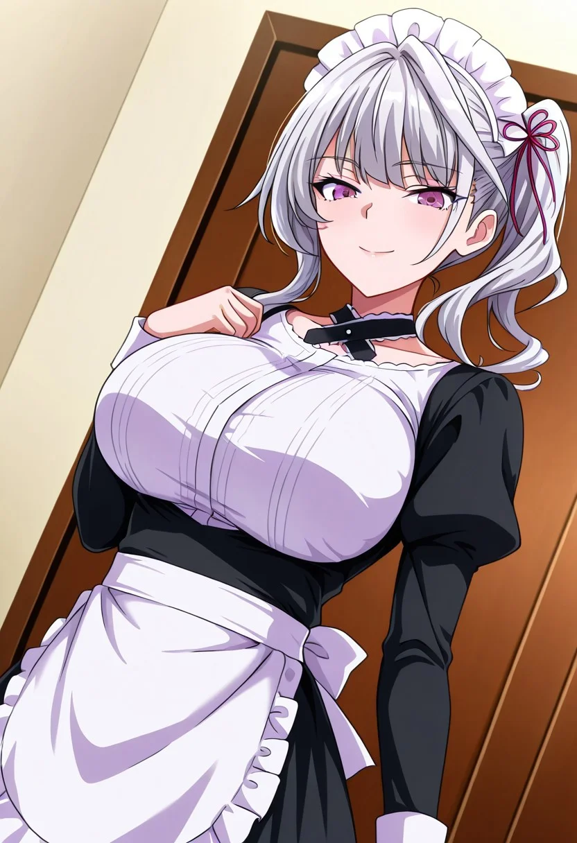 general,highres, ultra-detailed,very aesthetic,best quality ,best hands,best eyes,easynegative,
dynamic anglre, dutch angle, anime cloring,
1girl solo,looking at viewer,smile,bedroom,standing,
Anri Shijou,silver hair, long_hair, side tail, hair_ornament, huge_breasts, purple eyes,maid cap,maid costume,