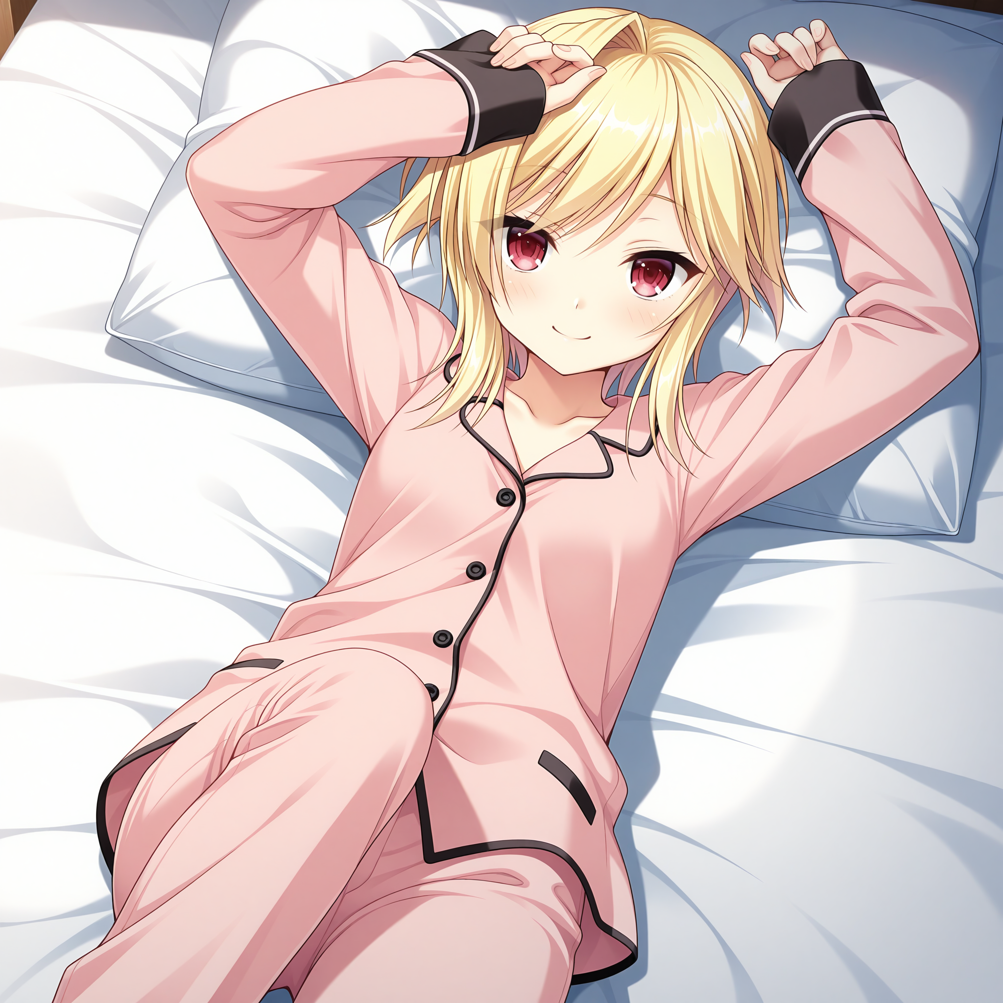 <lora:Souma_Ria_1_nai-000039:1>,Souma Ria,
pink pajamas,pink pants,long sleeves,sleeves past wrists,
BREAK
1girl,solo,smile,on bed,lying,on back,front view,looking at viewer,arm above head,straight-on,knee up,