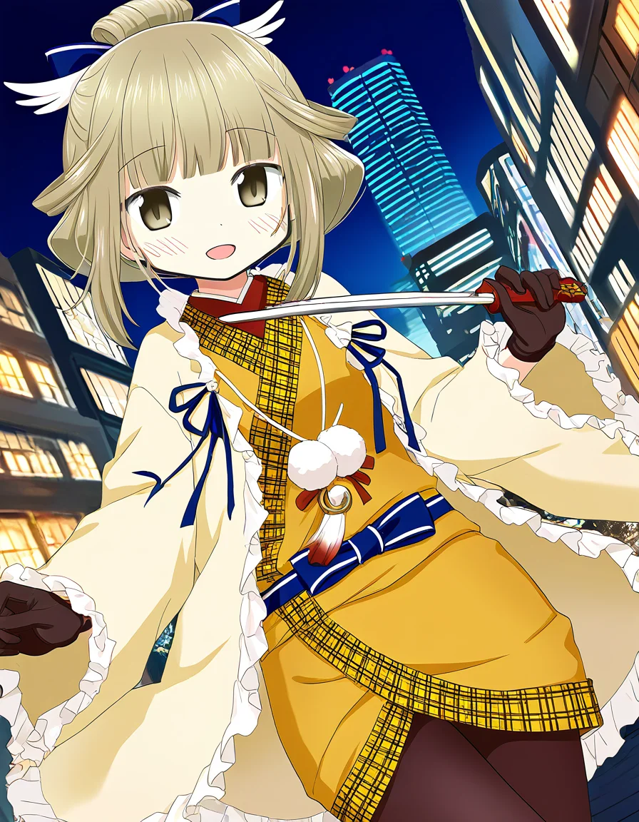 masterpiece, best quality, newest, absurdres, highres, safe, 1girl, hiroe chiharu, magia record: mahou shoujo madoka magica gaiden, pantyhose, holding jitte, open mouth, solo, city, night, dutch angle, <lora:hiroe_chiharu_noobaiXLNAIXL_vPred10Version:0.7>