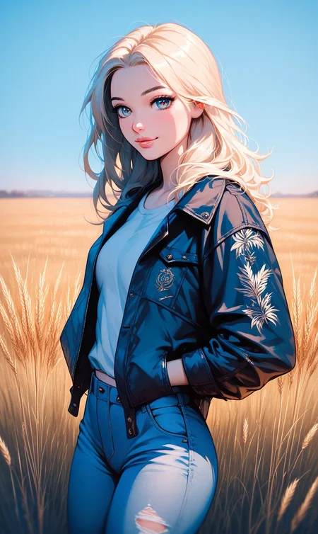 score_9, score_8_up, score_7_up, Western Comics, Cowboy Shot, Belén Rodríguez, cute, seductive, innocent, light smile:0.3, plump lips, slender body, long, straight hair, wearing leather jacket and ripped jeans, picturesque, sharp, colorful, ultra blue and yellow, dim colors, wheat field background, depth of field, dynamic angle, fashion photography, sharp, hyperdetailed:1.15