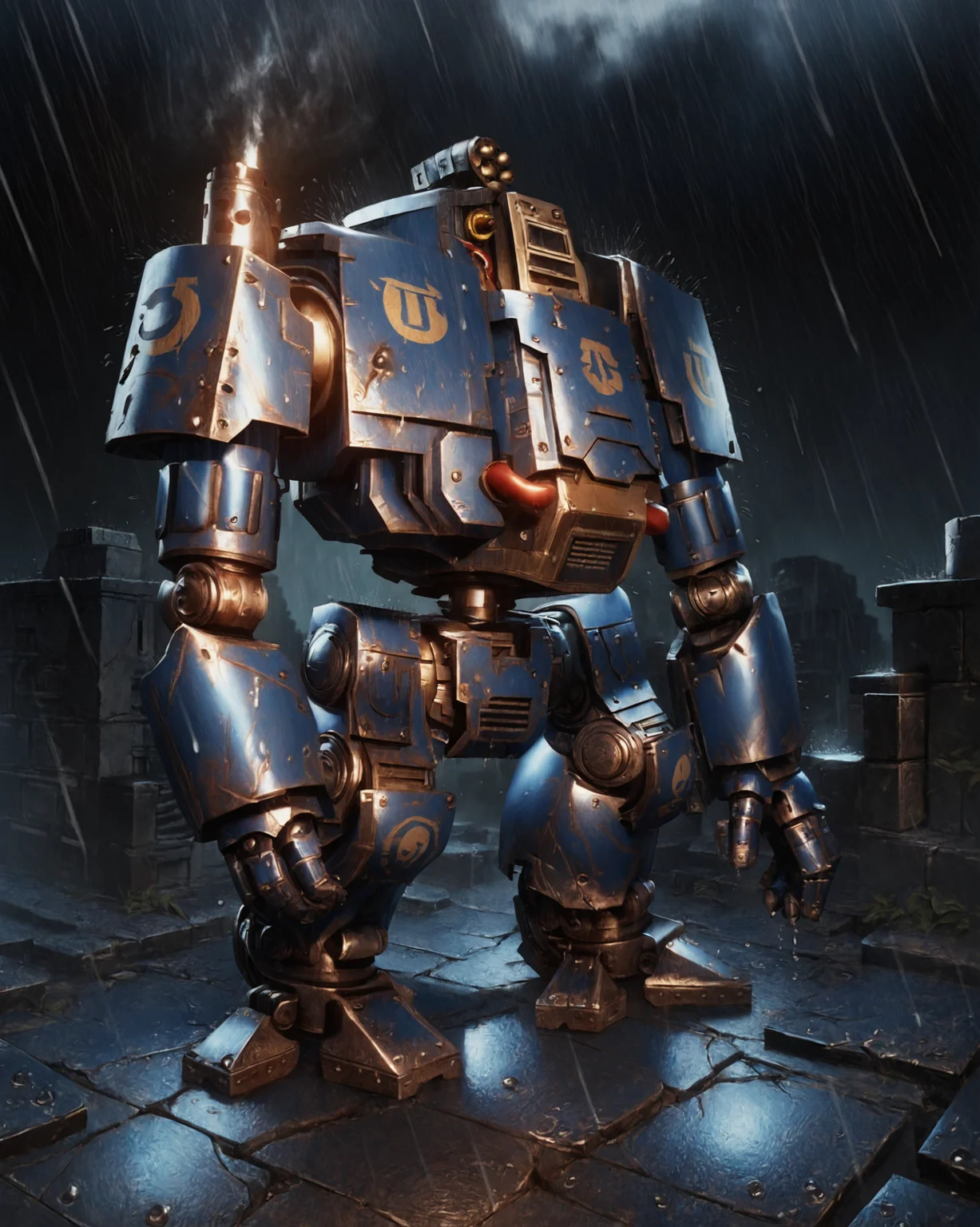 score_9, score_8_up, score_7_up, rating_questionable, intricately detailed,
<lora:W40k_Ultramarine_Dreadnought:0.9>,
drn0ghtclosed, humanoid robot, headless, solo, portrait,
side,
rain, wet street, wet, destroyed city, battlefield, ruins, burning wreckage, on a cracked road, at night, darkness, rainfall, dark theme,
depth of field, detailed background,
<lora:ral-chrosc-clr:0.5>, ral-chrosc-clr,
<lora:Expressive_H:0.5>, expessiveH,
<lora:xl_more_art-full_v1:0.3>,
<lora:add-detail-xl:0.3>