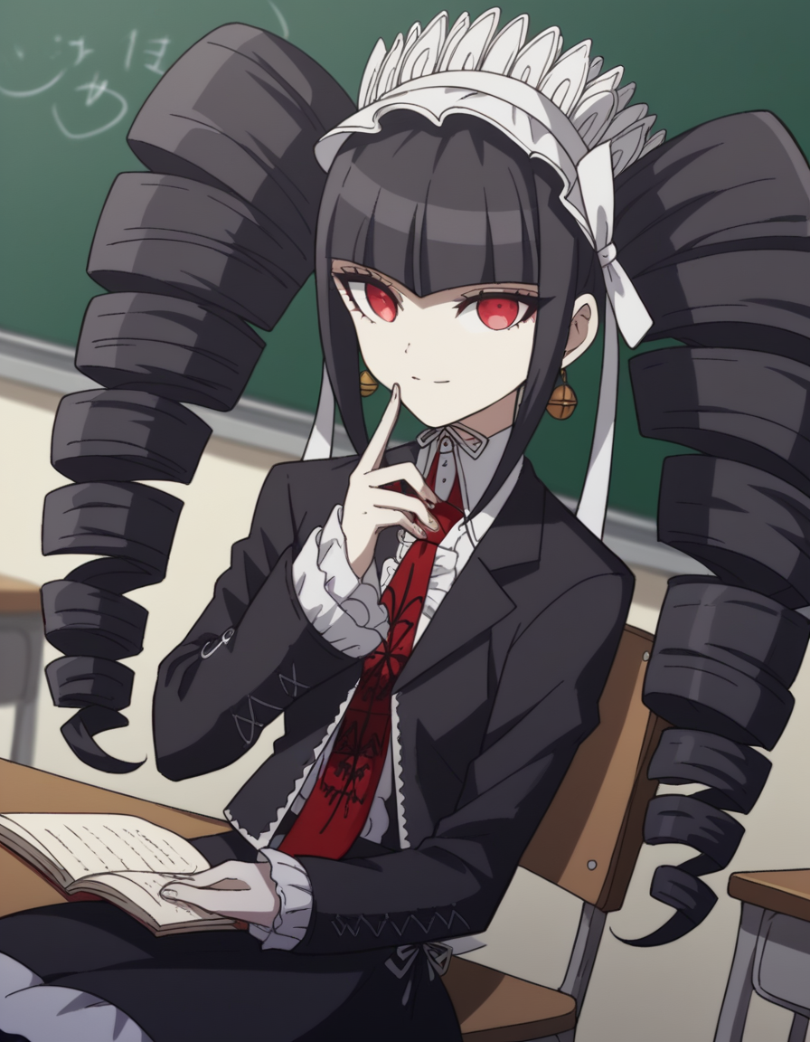 score_9, score_8_up, score_7_up, source_anime, <lora:celestia-ludenberg-s1-ponyxl-lora-nochekaiser:1>, celestia ludenberg, long hair, bangs, black hair, red eyes, long sleeves, twintails, drill hair, twin drills,, skirt, shirt, black hair, long sleeves, jewelry, jacket, earrings, frills, necktie, black skirt, black jacket, red necktie, bonnet, print necktie,, classroom, chalkboard, day time, studying, sitting, chair, desk,, smile, looking at viewer, hand with fingers spread out, solo,, cowboy shot, dutch angle