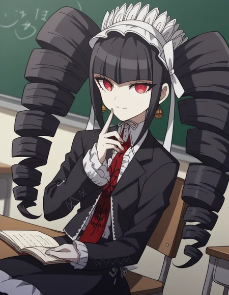 score_9, score_8_up, score_7_up, source_anime, <lora:celestia-ludenberg-s1-ponyxl-lora-nochekaiser:1>, celestia ludenberg, long hair, bangs, black hair, red eyes, long sleeves, twintails, drill hair, twin drills,, skirt, shirt, black hair, long sleeves, jewelry, jacket, earrings, frills, necktie, black skirt, black jacket, red necktie, bonnet, print necktie,, classroom, chalkboard, day time, studying, sitting, chair, desk,, smile, looking at viewer, hand with fingers spread out, solo,, cowboy shot, dutch angle
