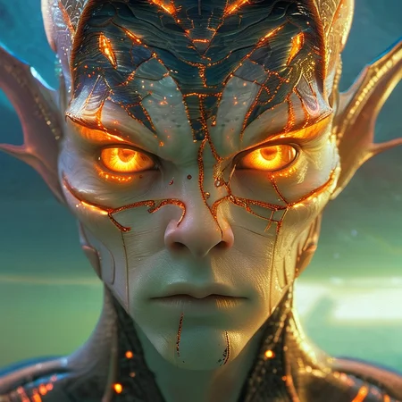 Alien-themed 1boy, solo, male focus, crack, looking at viewer, close-up, portrait, orange eyes,<lora:renlian-000005:1>, . Extraterrestrial, cosmic, otherworldly, mysterious, sci-fi, highly detailed