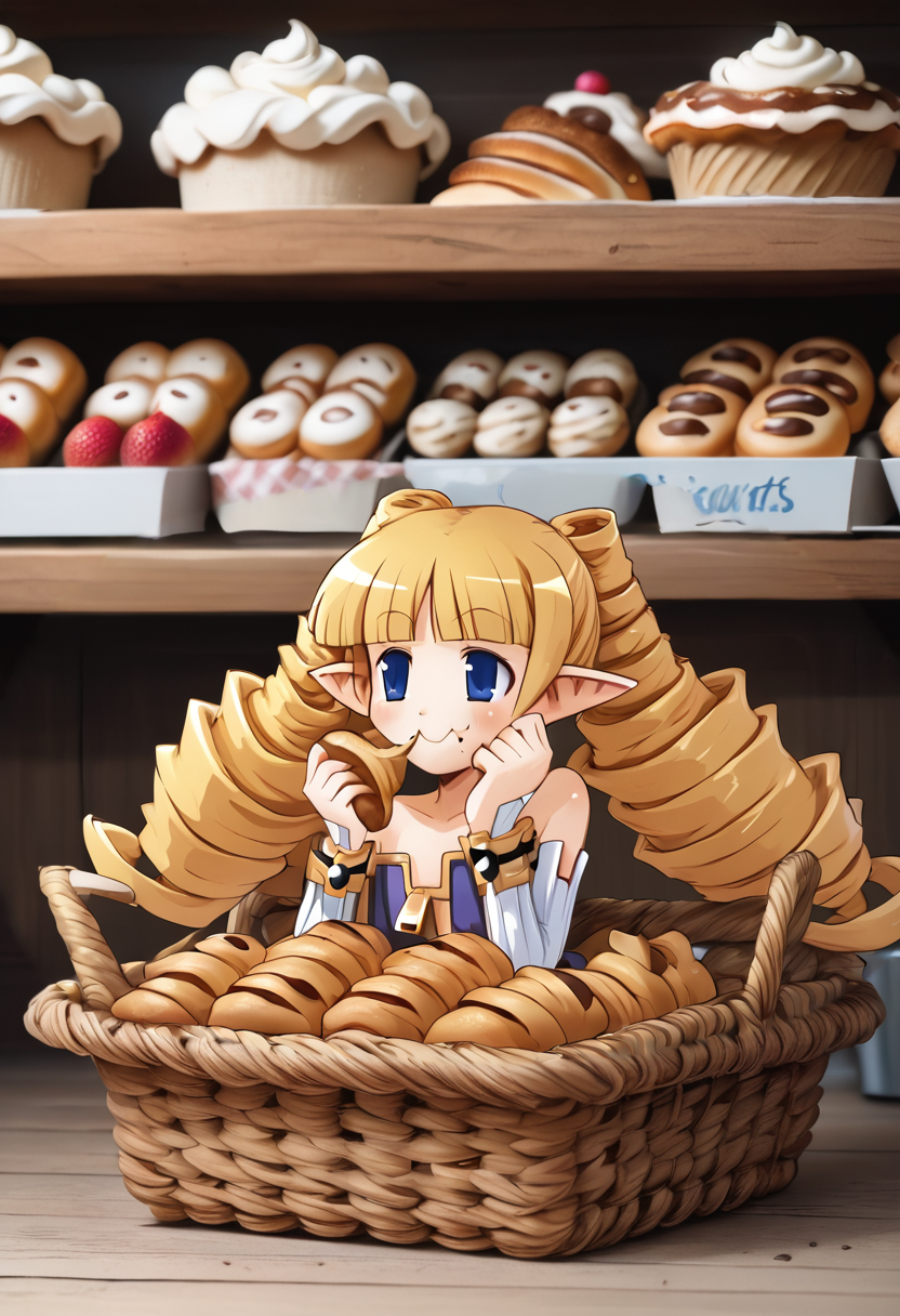 bakery, ornate frame, basket of (croissants:1.1),  archer (disgaea), pointy ears, blonde hair, drill hair, blue eyes, long hair, bare shoulders, detached sleeves,
head only, smug, croissant hair, eating croissant, 
<lora:sdfsdvxcvxcvxc:1>