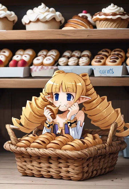 bakery, ornate frame, basket of (croissants:1.1), archer (disgaea), pointy ears, blonde hair, drill hair, blue eyes, long hair, bare shoulders, detached sleeves,
head only, smug, croissant hair, eating croissant,
<lora:sdfsdvxcvxcvxc:1>