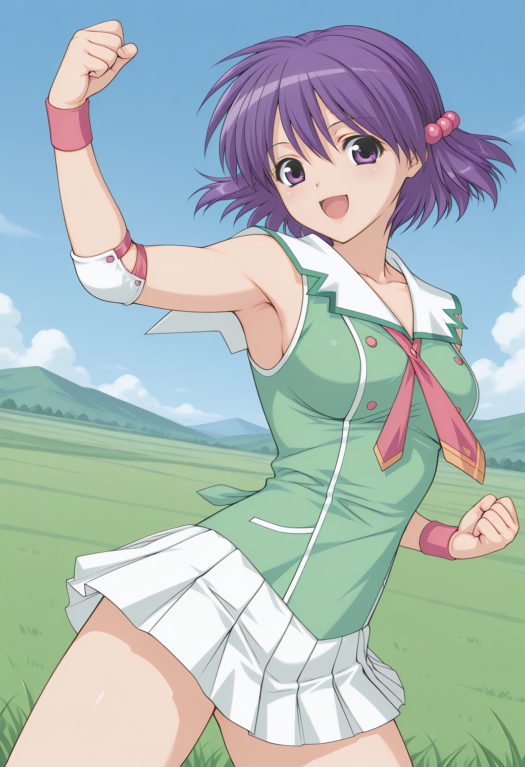yuuki_chigusa, purple eyes, purple hair, short hair, hair ornament, hair bobbles, wristband, elbow pads, necktie, green shirt, white sailor collar, sleeveless, pleated skirt, white skirt, miniskirt, <lora:yuuki_chigusa_illustrious_ver1:0.8> 
smile, open mouth,, masterpiece, best quality, sensitive,, 1girl, solo, blue sky, (grasslands:1.2), looking at viewer,, (cowboy shot, dynamic pose:1.4),