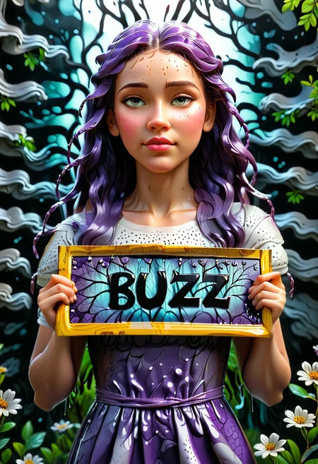 ((photorealistic)), ((1girl)),  score_9, score_8_up, score_7_up, score_6_up, score_5_up, 1girl, 25 years old, detail face, long dress, pretty dress, purple dress, long wavy hair, pink hair, pink wavy hair, wavy hair, wet hair, rain, perfect eyes, detailed skin, flower background, tree background, warrior princess, arrogant, aloof, (((holding a sign that says "BUZZ PLEASE", text: "BUZZ PLEASE"))), realistic skin, detailed skin