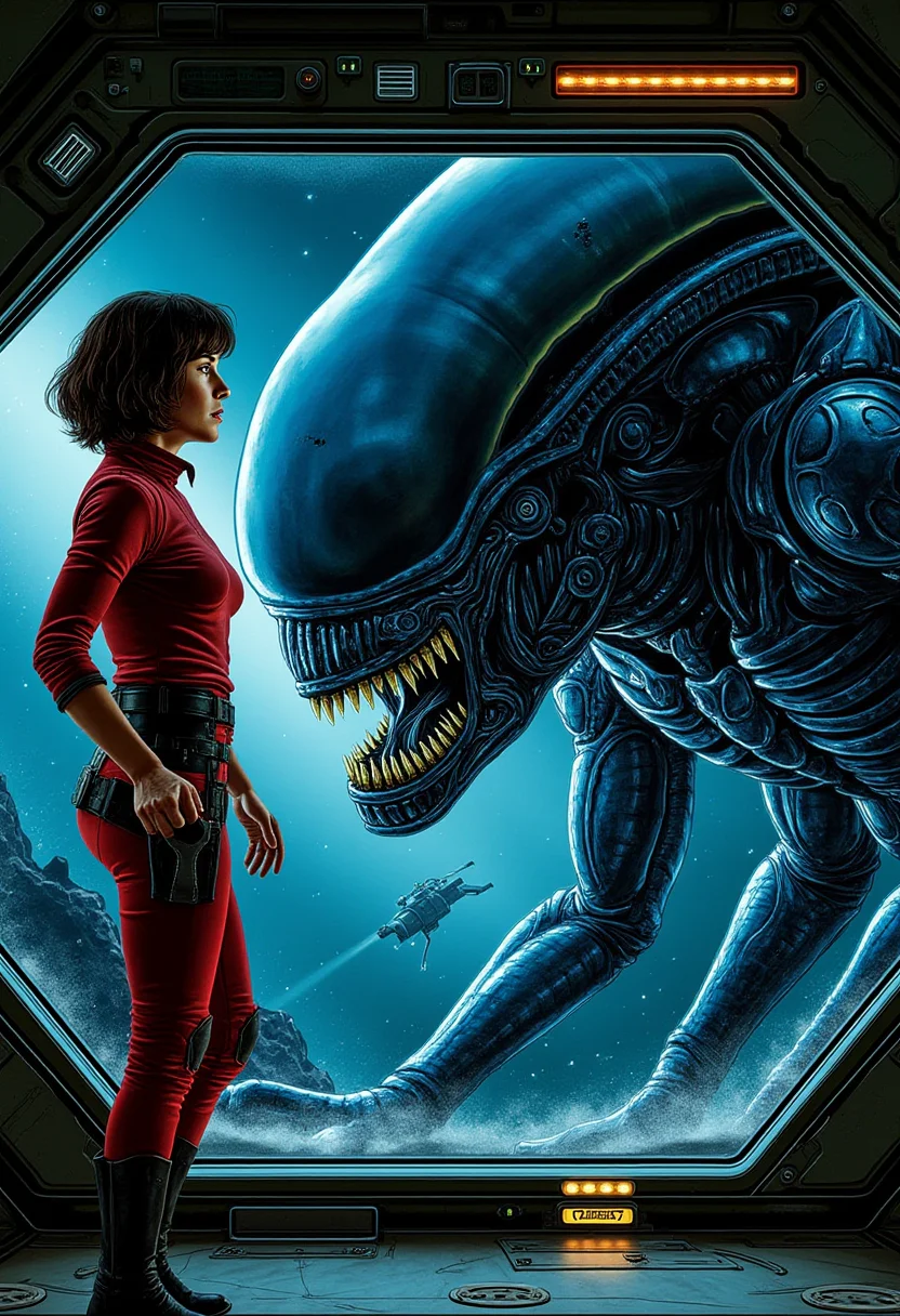 Ellen Ripley in tense scene with Alien on spaceship, Joseph Michael Linsner style comic art