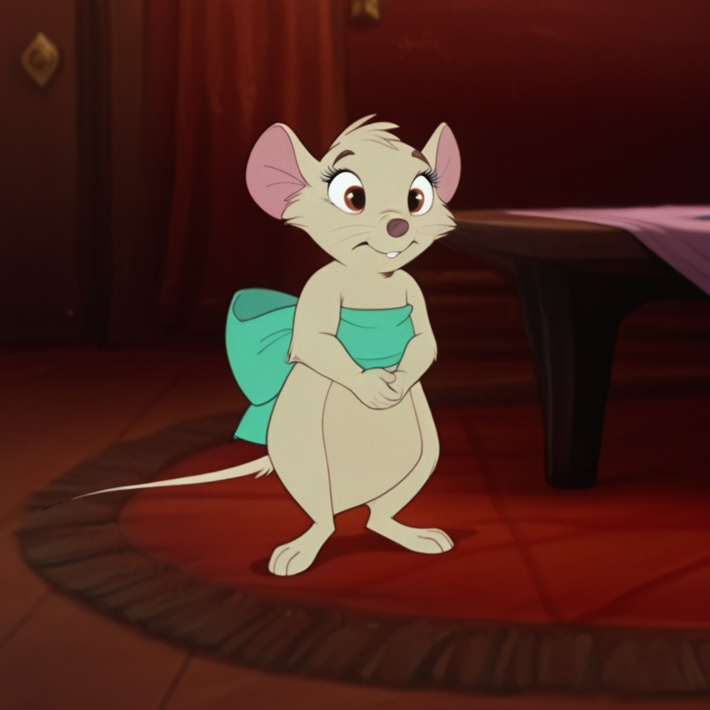 masterpiece, best quality, amazing quality, CynthiatsonIL, semi-anthro, female, mouse, tan fur, brown eyes, whiskers, green bow, inside, standing, own hands together, <lora:fa4702e7-e7e1-437c-a86b-6d43676ee911:1.0>