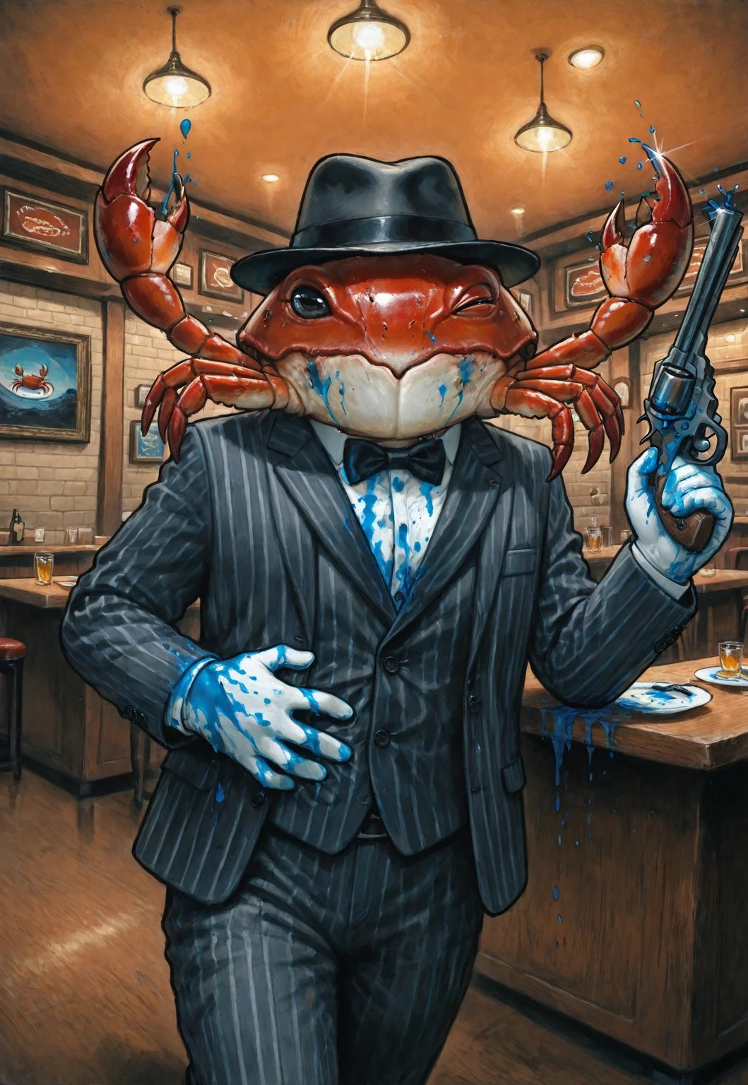 (solo), lukch, painting_\(medium\), cowboy shot, no humans, (crab head). jumping to the side, action dynamic pose, angle, striped suit, black fedora. wince, revolver, black fedora, hand on own stomach, blue blood, tripping, restaurant, bar, cutlery, furrowed eyebrows, black eyes, glint,
traditional media, best quality, absurdres