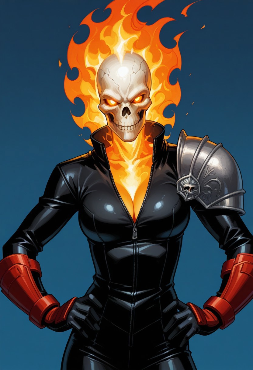 Blue background, simple background, solid color background, 2d, 1girl, solo, GhostRider, AlejandraJones, skull head, skeleton, glowing eyes, no human, flaming head, flaming hair, hair of fire, black bodysuit, red bracers, shoulder armor, unzipped, Upper body, front view, looking at viewer, Cleavage, hands on hips,