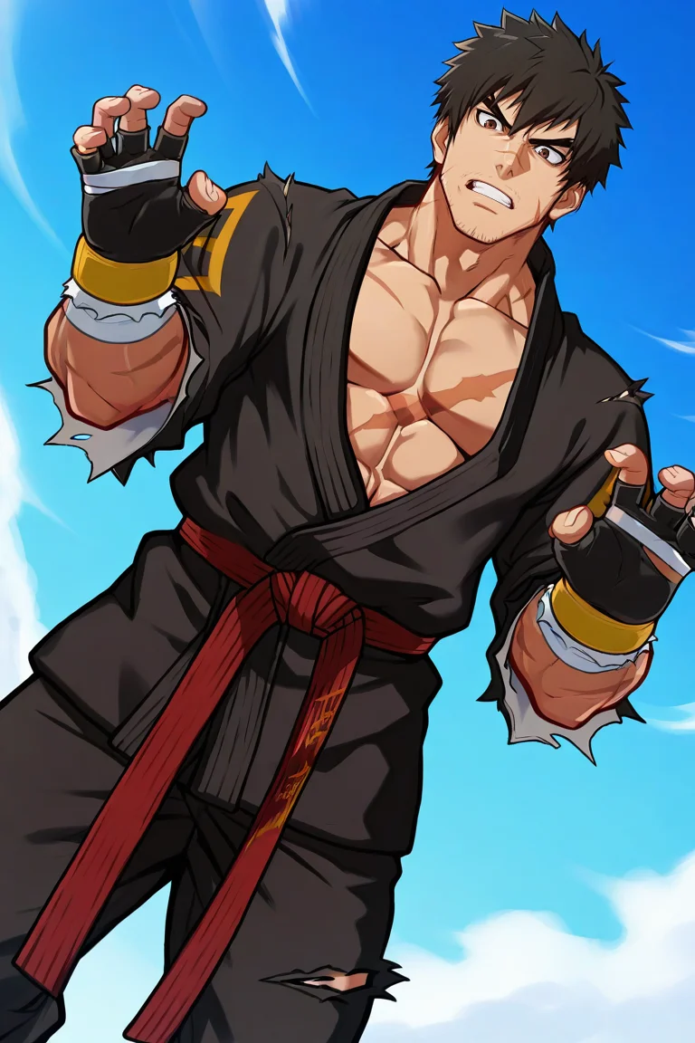 score_9, score_8_up, score_7_up, score_6_up, perfect anatomy, perfect proportions, best quality, masterpiece, high_resolution, high quality, best aesthetic, incredibly absurdres, highres, extremely detailed, huge filesize, solo male, adult, mature, masculine, manly, handsome, charming, alluring, standing, upper body, dutch angle, cowboy shot, perfect face, source_game, official style, male Grappler, DnFGrappler, black hair, short hair, brown eyes, thick eyebrows, forked eyebrows, stubble, scars on face, scar on nose, scar on cheek, scar on chest, pectoral cleavage, DnFGrappler_outfit01, black dougi \(martial arts clothes\), black pants, torn clothes, red martial arts belt, yellow/black fingerless gloves, two-tone fingerless gloves, barefoot, white wrist bandage, white foot bandage, heroic, serious, grim, stern, unsociability, bluntness, gruffness, toned male, teeth, fighting stance, closeup, headshot, outdoors