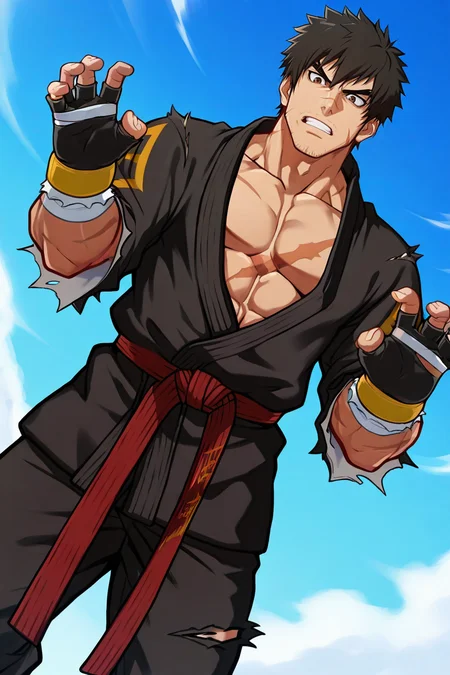 score_9, score_8_up, score_7_up, score_6_up, perfect anatomy, perfect proportions, best quality, masterpiece, high_resolution, high quality, best aesthetic, incredibly absurdres, highres, extremely detailed, huge filesize, solo male, adult, mature, masculine, manly, handsome, charming, alluring, standing, upper body, dutch angle, cowboy shot, perfect face, source_game, official style, male Grappler, DnFGrappler, black hair, short hair, brown eyes, thick eyebrows, forked eyebrows, stubble, scars on face, scar on nose, scar on cheek, scar on chest, pectoral cleavage, DnFGrappler_outfit01, black dougi \(martial arts clothes\), black pants, torn clothes, red martial arts belt, yellow/black fingerless gloves, two-tone fingerless gloves, barefoot, white wrist bandage, white foot bandage, heroic, serious, grim, stern, unsociability, bluntness, gruffness, toned male, teeth, fighting stance, closeup, headshot, outdoors