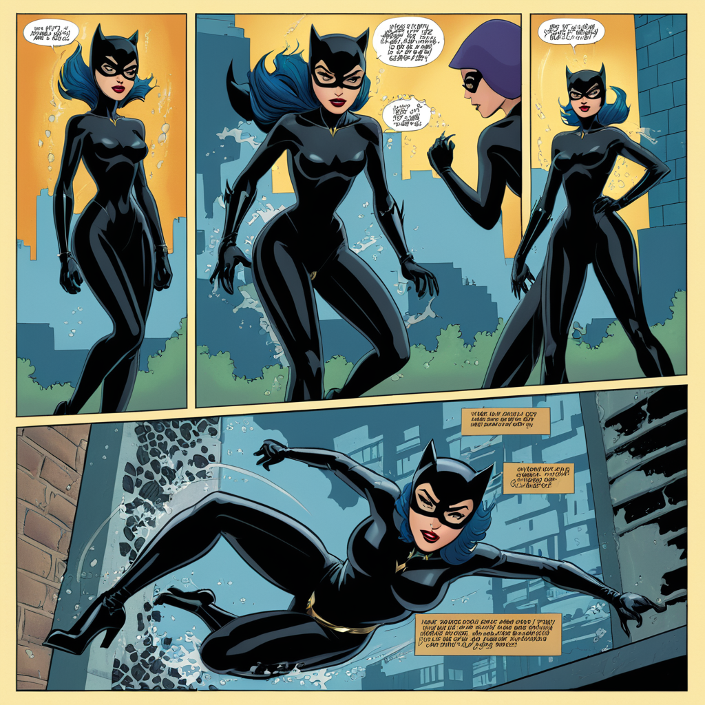 comic book art of  <lora:comicbookpage style:0.9> comicbookpage style
 <lora:xl_more_art-full_v1:0.5>
 <lora:add-detail-xl:1>
 <lora:detailed:0.3>
<lora:perfection style:0.3>
a cartoon comic book page of
catwoman, comic art, graphic novel illustration