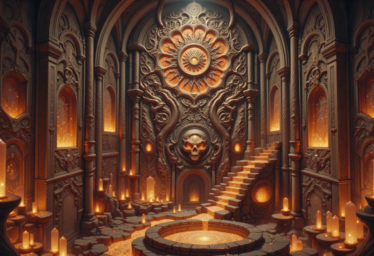 Digital illustration of wall covered with intricate organic patterns resembling neural circuits and ritual scarifications, crystallized pathways glowing with amber light, recursive geometric designs, environmental storytelling, OBxiaoxiang, R3alisticF, G0thicL1nes