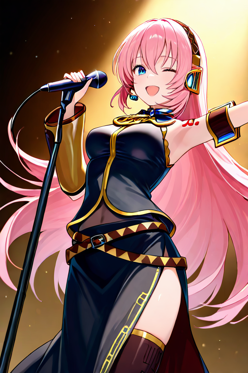 masterpiece, High quality, Ultra detailed, 2d, newest, absurdres, highres, BREAK
1girl, solo, <lora:megurine_luka_r1:0.8>, megurine_luka, long hair, pink hair, hair between eyes, blue eyes, headset, headphones, tattoo, shoulder tattoo, number tattoo, 
medium breasts, luka03def, bare shoulders, black shirt, detached sleeves, armband, single elbow glove, belt, long skirt, black skirt, side slit, black thighhighs, 
singing, one eye closed, smile, open mouth, arm up, Microphone, microphone stand,