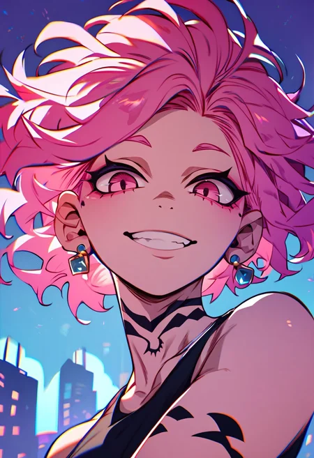 score_9, score_8_up, score_7_up, score_9, score_8_up, score_8, 1girl, pretty GIRL with short hair, smile on her face, PINK hair, PINK eyes, city background, black shirt, looking at viewer, dark theme, high resolution illustration, easynegative, Niji style, one Grey earring, neck tattoo colors
