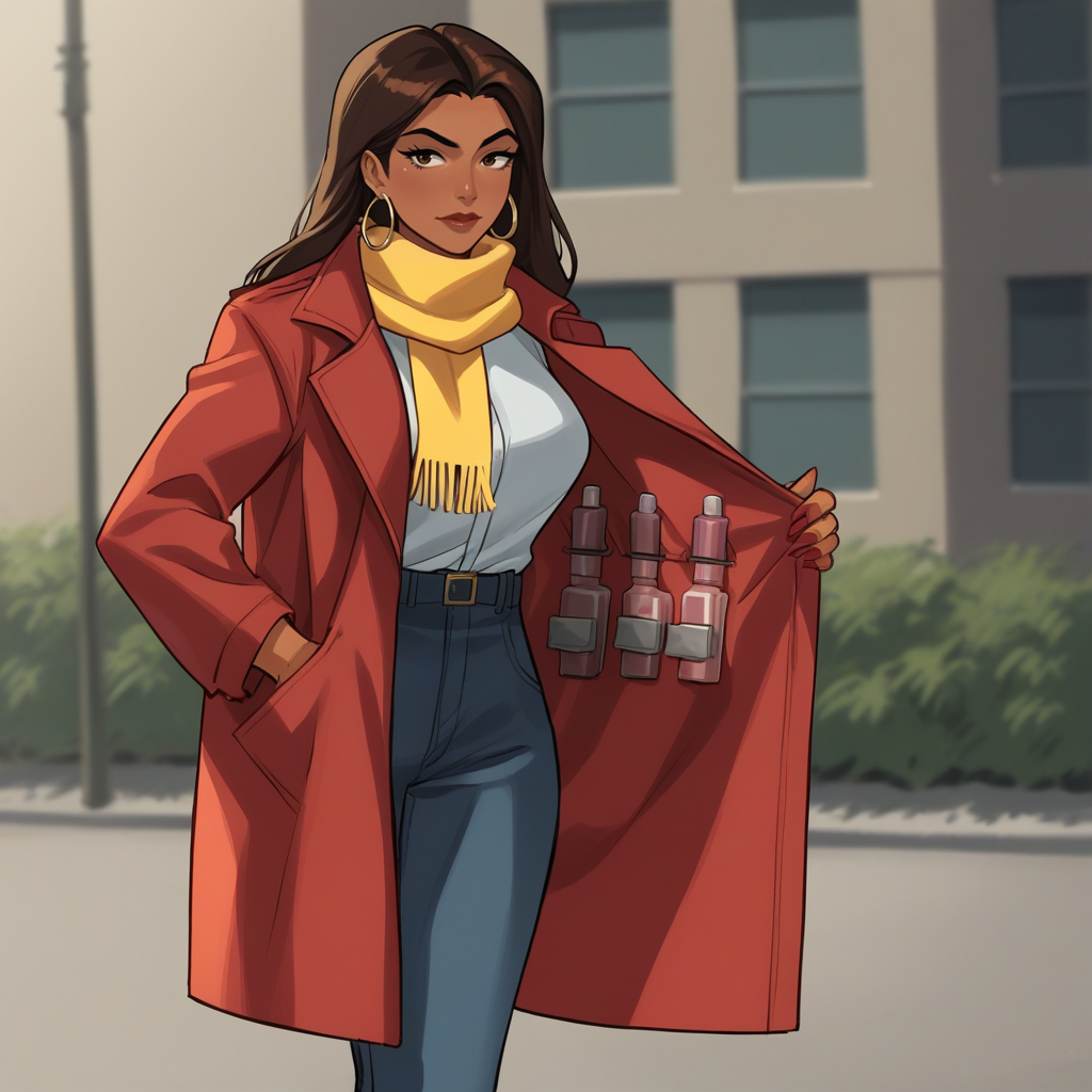 score_9, score_8_up, score_7_up, score_6_up, score_5_up, score_4_up, zPDXL2,source_anime,rating_questionable,1girl, solo, outdoors, yellow scarf, long brown hair, carmen sandiego,  <lora:Merchant:0.8> m3rch4nt, standing, red trench coat, open coat,