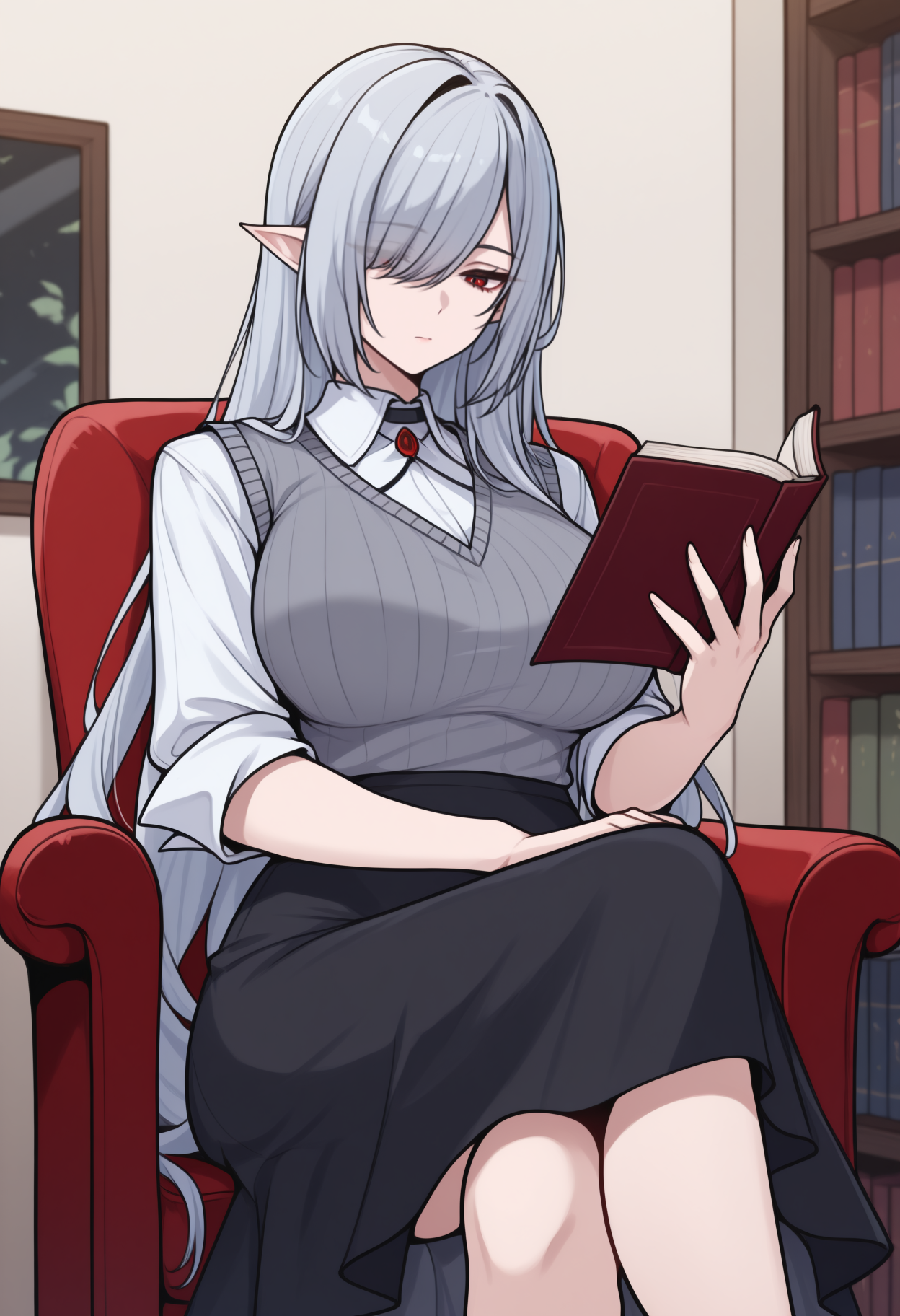 masterpiece, best quality, newest, feet out of frame, solo, 1girl, glddef, expressionless, reading, sitting, on chair, holding book, open book, crossed legs, long hair, grey hair, hair over one eye, no headwear, pointy ears, red eyes, grey sweater vest, white shirt, collared shirt, sleeves rolled up, medium skirt, black skirt, large breasts, indoors, living room, bookshelf
<segment:yolo-face_yolov8m.pt,0.4,1//cid=11>