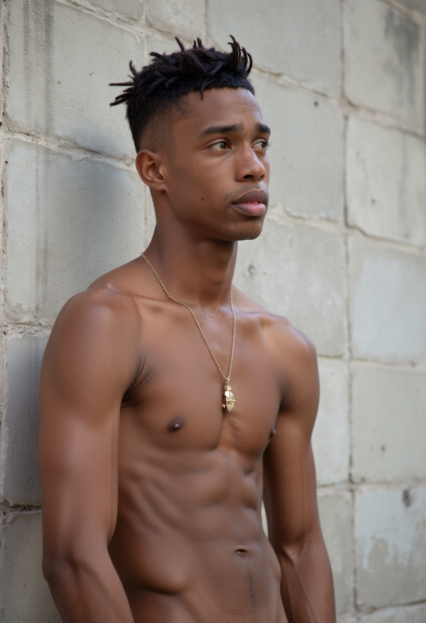 A shirtless young man with dark brown skin and short dreadlocks stands confidently in front of a textured concrete wall. His expression is calm and introspective, with deep-set, almond-shaped eyes and high cheekbones. His lean build is emphasized by the natural side lighting, casting subtle shadows across his toned chest and arms. A gold chain hangs around his neck. He gazes slightly off-camera, as though lost in thought. The muted background and natural lighting create a minimalist, urban aesthetic. <lora:AndroCore-1.4:1>