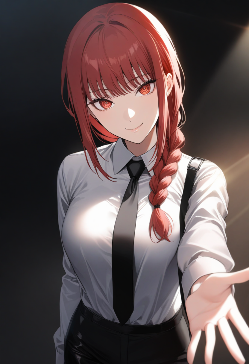 1girl,makima(chainsaw_man),black_necktie,black_pants,braid,braided_ponytail,breasts,closed_mouth,collar,collared_shirt,cowboy_shot,fingernails,giving,hair_over_shoulder,head_tilt,holding dog leash,long_hair,long_sleeves,looking_at_viewer,necktie,outstretched_arm,pants,red_eyes,red_hair,ringed_eyes,shirt,smile,solo,sunlight,unworn_collar,white_shirt,<lora:makima (chainsaw man) xl:0.7>,