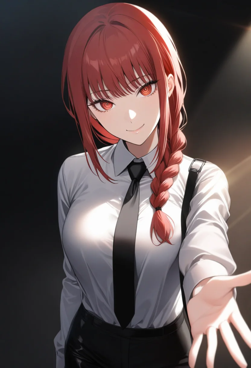 1girl,makima(chainsaw_man),black_necktie,black_pants,braid,braided_ponytail,breasts,closed_mouth,collar,collared_shirt,cowboy_shot,fingernails,giving,hair_over_shoulder,head_tilt,holding dog leash,long_hair,long_sleeves,looking_at_viewer,necktie,outstretched_arm,pants,red_eyes,red_hair,ringed_eyes,shirt,smile,solo,sunlight,unworn_collar,white_shirt,<lora:makima (chainsaw man) xl:0.7>,