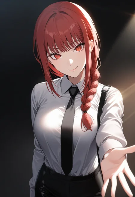 1girl,makima(chainsaw_man),black_necktie,black_pants,braid,braided_ponytail,breasts,closed_mouth,collar,collared_shirt,cowboy_shot,fingernails,giving,hair_over_shoulder,head_tilt,holding dog leash,long_hair,long_sleeves,looking_at_viewer,necktie,outstretched_arm,pants,red_eyes,red_hair,ringed_eyes,shirt,smile,solo,sunlight,unworn_collar,white_shirt,<lora:makima (chainsaw man) xl:0.7>,
