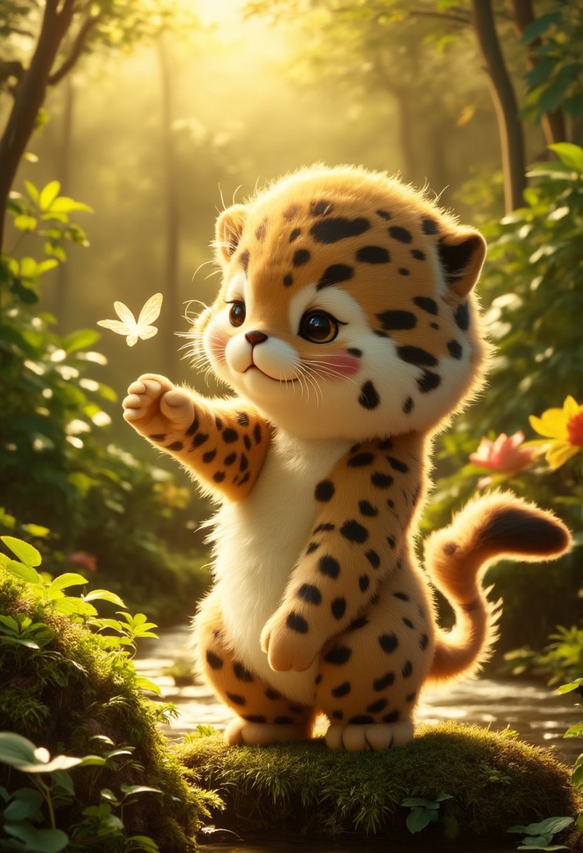 A breathtakingly adorable hybrid creature, the Leopotter, blending the sleek elegance of a leopard with the playful charm of an otter. Its small, muscular body is covered in silky, spotted fur, a perfect fusion of the leopard’s golden rosette patterns and the otter’s sleek, water-resistant coat. The soft, rounded face features large, expressive eyes full of mischief and curiosity, a tiny black nose twitching as it takes in its surroundings.
Its short, rounded ears perk up attentively, while long whiskers extend from its small muzzle, giving it a constantly inquisitive look. The Leopotter’s agile paws are a fascinating blend—slightly webbed like an otter’s for swimming yet equipped with retractable leopard claws, making it both a swift swimmer and an agile climber. A long, slender tail covered in dense, spotted fur trails behind, twitching playfully as it balances effortlessly on a mossy riverbank.
Set in a lush jungle oasis, the Leopotter is captured mid-play, standing on its hind legs, curiously pawing at a shimmering butterfly. The golden sunlight dances through the leaves, casting dappled shadows across the creature’s exquisite fur. Ultra-detailed, cinematic lighting, photorealistic fur texture, expressive eyes, cozy and whimsical atmosphere. plush, animated