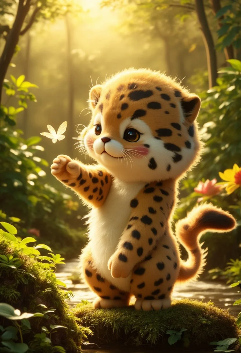 A breathtakingly adorable hybrid creature, the Leopotter, blending the sleek elegance of a leopard with the playful charm of an otter. Its small, muscular body is covered in silky, spotted fur, a perfect fusion of the leopard’s golden rosette patterns and the otter’s sleek, water-resistant coat. The soft, rounded face features large, expressive eyes full of mischief and curiosity, a tiny black nose twitching as it takes in its surroundings.
Its short, rounded ears perk up attentively, while long whiskers extend from its small muzzle, giving it a constantly inquisitive look. The Leopotter’s agile paws are a fascinating blend—slightly webbed like an otter’s for swimming yet equipped with retractable leopard claws, making it both a swift swimmer and an agile climber. A long, slender tail covered in dense, spotted fur trails behind, twitching playfully as it balances effortlessly on a mossy riverbank.
Set in a lush jungle oasis, the Leopotter is captured mid-play, standing on its hind legs, curiously pawing at a shimmering butterfly. The golden sunlight dances through the leaves, casting dappled shadows across the creature’s exquisite fur. Ultra-detailed, cinematic lighting, photorealistic fur texture, expressive eyes, cozy and whimsical atmosphere. plush, animated