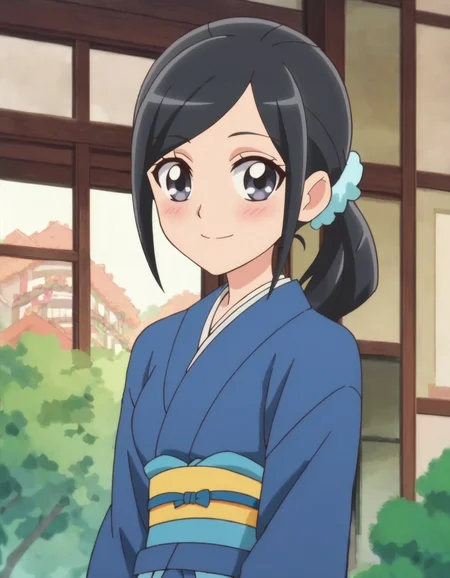 score_9, score_8_up, score_7_up, anime screencap, solo,1girl,sawaizumichiyu, japanese clothes, kimono, blue scrunchie, hair ornament, looking at viewer, blue kimono,smile,blush,cowboy shot,medium breasts,<lora:sawaizumichiyu:0.8>