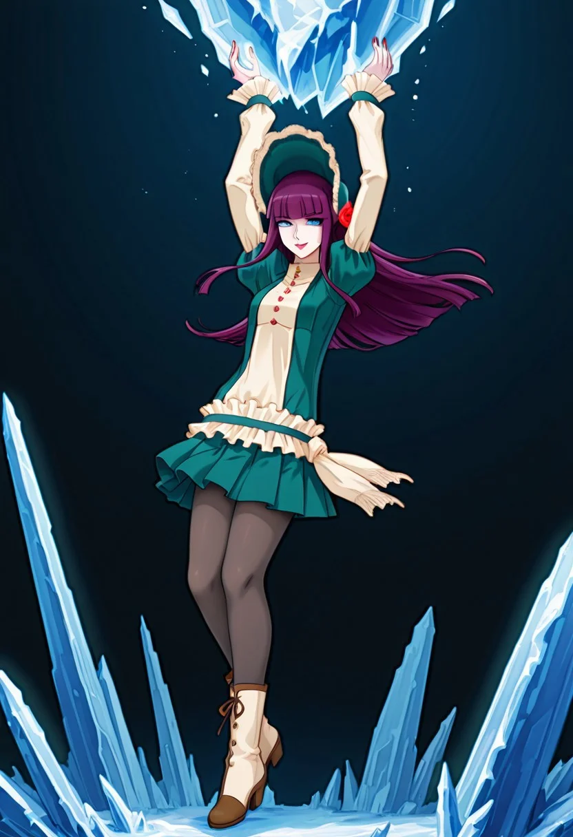 score_9,score_8_up,score_7_up,source_anime,5_figner,2d_animation,game cg,BREKE,1girl,solo,
Loretta Lecarde,purple hair,blunt bangs,hime cut,blue eyes,long hair,red lips.ltfashion,bonnet,pantyhose,red rose,dress,mini skirt,puffy sleeves,button,
small breasts,smile,nail polish,boots,
Magic,crystal,ice,arms up,flying,
black background,
masterpiece,best qualit,ultra-detailed,illustration,an extremely delicate and beautiful,beautiful detailed eyes,unity 8k wallpaper,high resolution,anime CG,official_art,