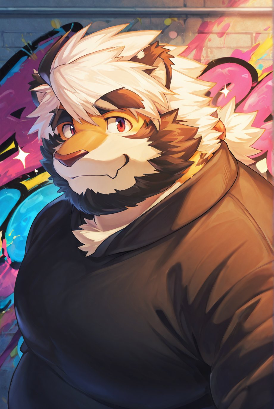 safe_pos, furry male, male focus, solo, thick eyebrows, furry, tiger, cute, upper body, close up, looking at viewer, sunny, standing, anthro, kemono, graffiti art, sparkle, street full of graffiti, thick eyebrows, facial hair, paint splatter, light leak, outdoor, casual clothing, colorful BREAK very aesthetic, masterpiece, very impressive background, best quality, high quality, absurd res, high detail, smooth drawing,  <lora:Character_Trad_Mon-Mon_ILXL:1>