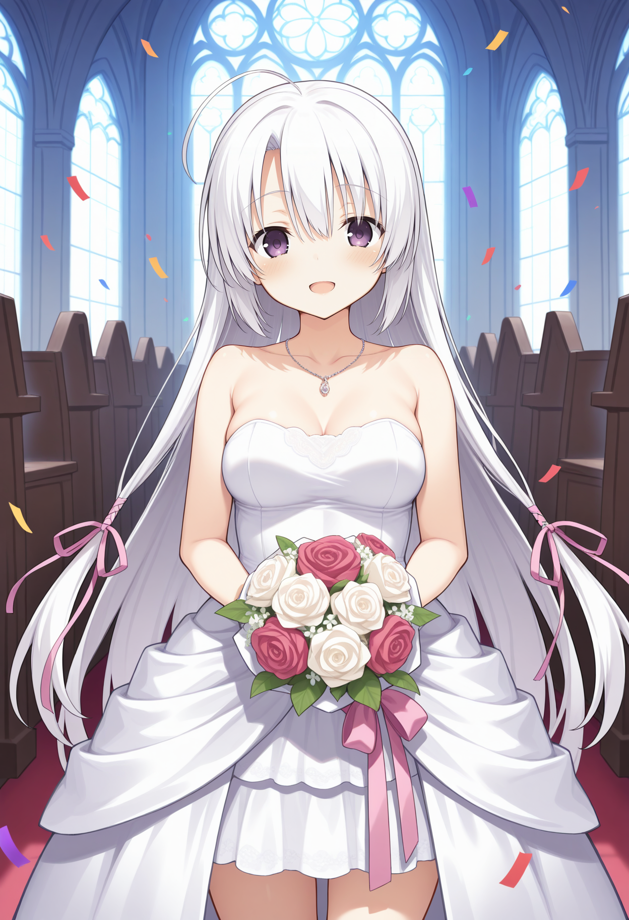 1girl, aanene, long hair, white hair, ahoge, hair ribbon, purple eyes, <lora:ayachi_nene_ilxl_v1:0.9>, church, wedding dress, necklace, smile, open mouth, bouquet, confetti, cowboy shot, standing, looking at viewer, 
masterpiece, best quality, amazing quality,