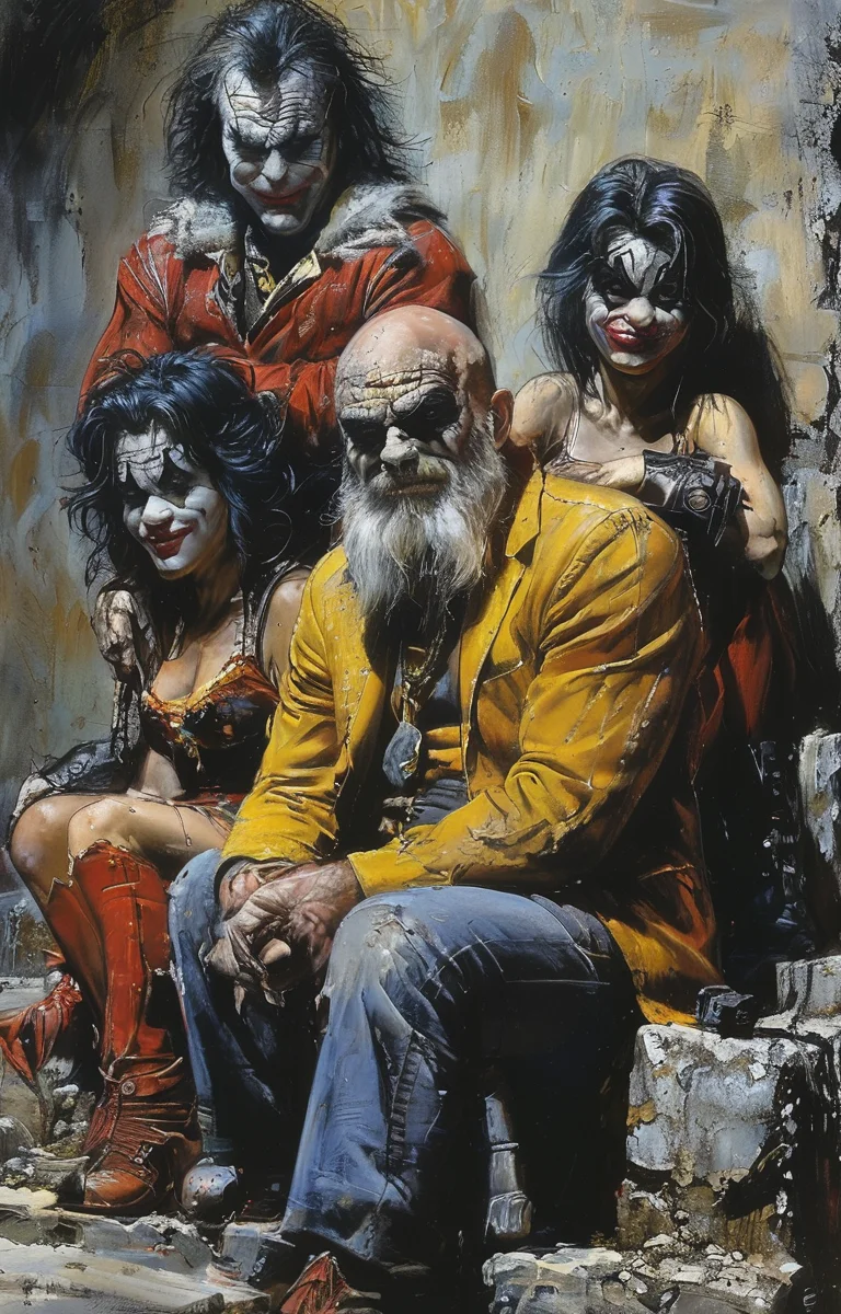masterpiece,best quality,<lora:tbh233-sdxl:0.9>,illustration,style of Simon Bisley portrait of family