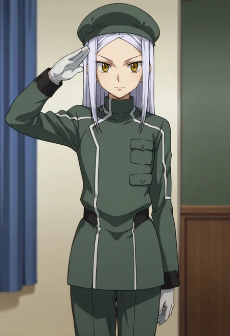 score_9,score_8_up,score_7_up,score_6_up,score_5_up,score_4_up,anime coloring BREAK source_anime,anime,<lora:Soma_Peries_Gundam_00_Pony:0.8>,somas1,1girl,solo,yellow eyes,white hair,long hair,braided bangs,young,s1uniform,beret,white gloves,standing,salute,indoors,room,