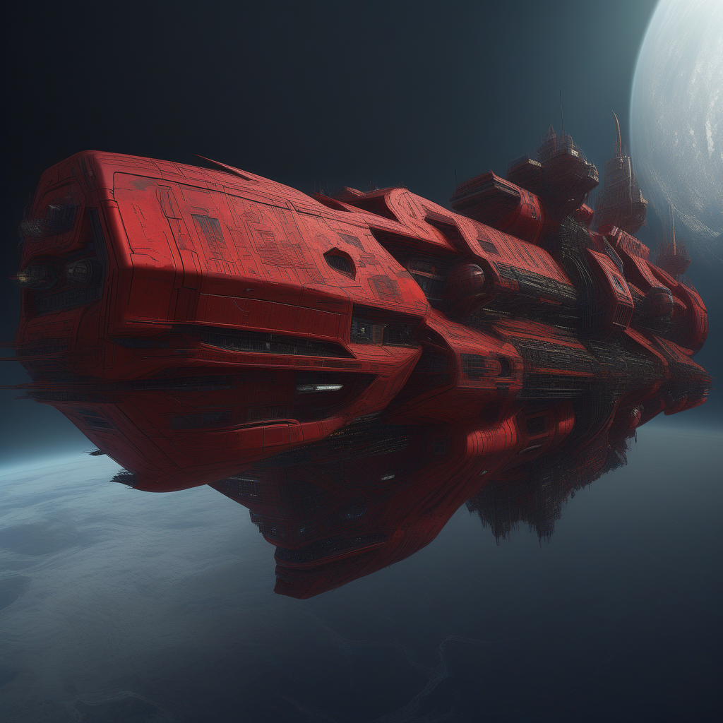 Highly detailed digital artwork of a massive, futuristic red spaceship. The ship has a rugged, industrial design with numerous antennas, turrets, and mechanical components protruding from its surface. The hull is predominantly red with black and metallic accents, giving it a menacing and powerful appearance. The background features a dark, space-like environment with other smaller ships and celestial bodies visible, adding depth and scale to the scene. The overall composition is dynamic, with the main ship positioned diagonally, suggesting movement and action.