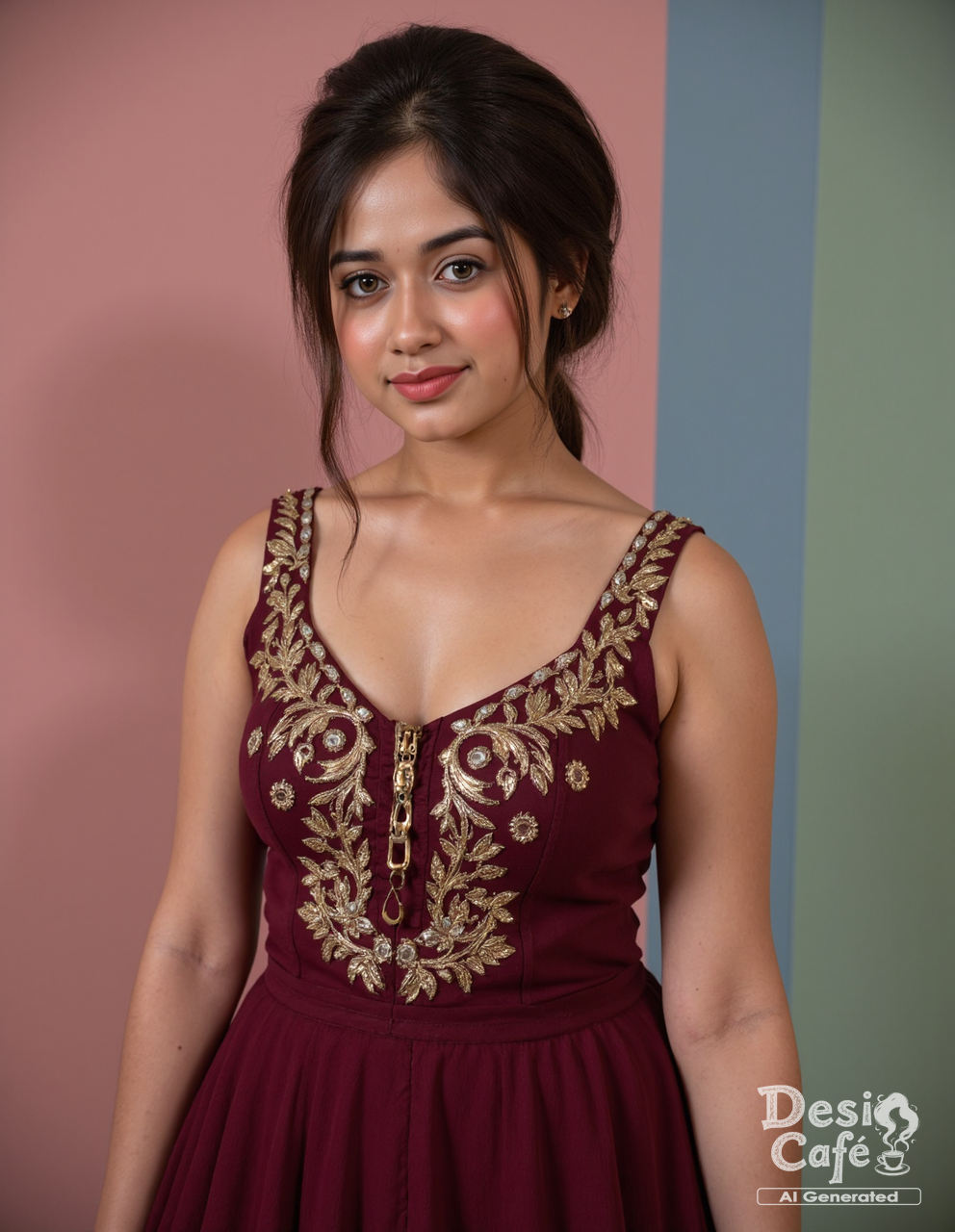cowboy shot photo of j4nn4t zub41r woman, hyper realistic photo that is safe for work, shy smile, studio quality image with natural colors, well dressed wearing intricate sleeveless Burgundy Anarkali Suit, hair styled as  messy pixie,muted pastel shaded multicolored background that contrasts with the person, cinematic lighting,âââââ    <lora:j4nn4t_zub41r_Jannat_Zubair_Flux_Kohya_V1:1>âââ