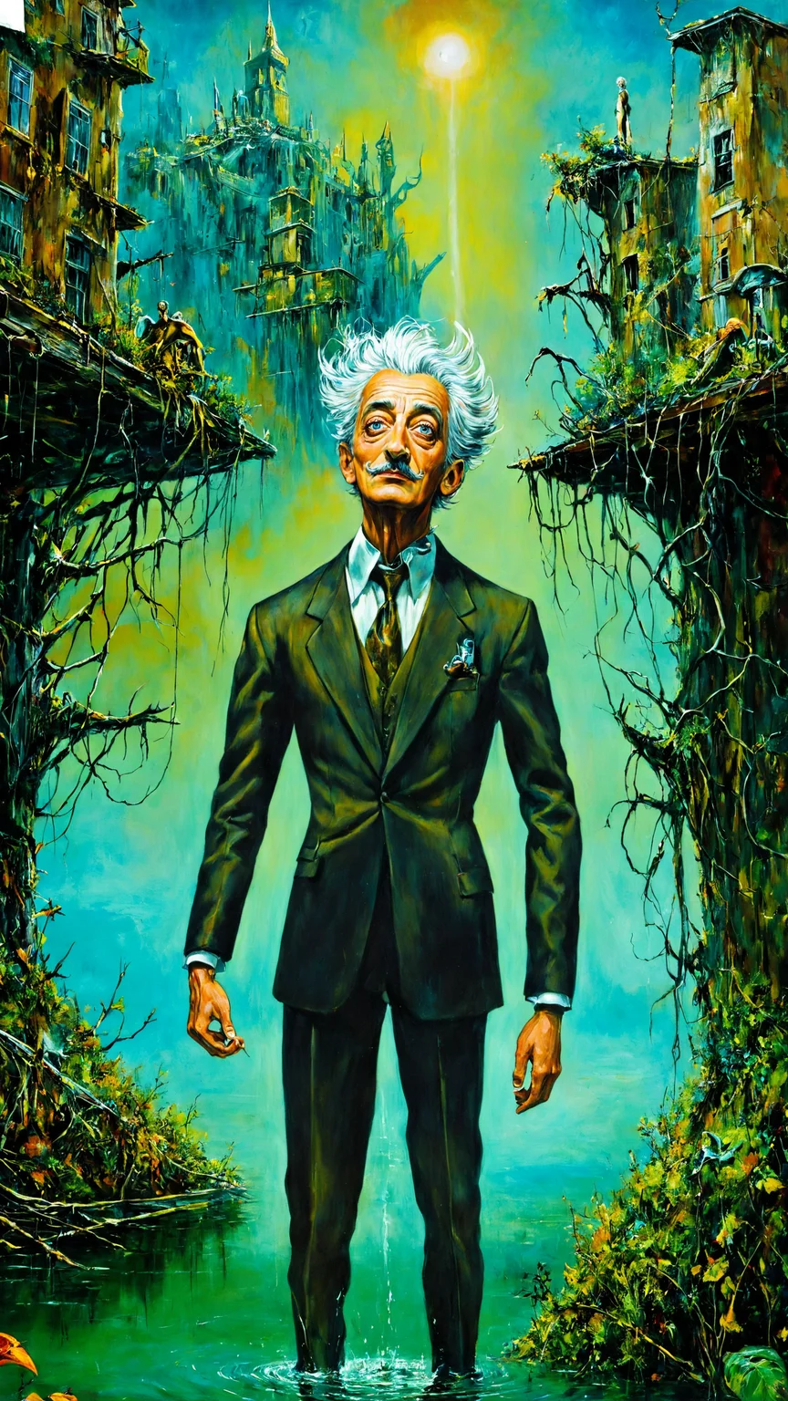 Surrealistic painting, dreamlike, imaginative, fantastical, vibrant colors, intricate details, high contrast, dynamic lighting, lone figure with short, silver hair, whimsical, artistic, layered textures, Dali-inspired, expressive face, dynamic pose, standing on a narrow, rusted beam high above a flooded, post-apocalyptic city, overgrown greenery, crumbling buildings, partially submerged in water, distant futuristic structures