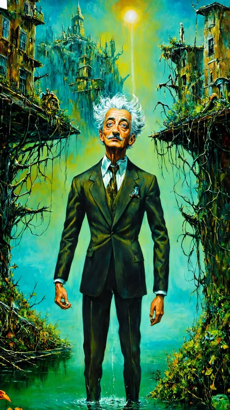 Surrealistic painting, dreamlike, imaginative, fantastical, vibrant colors, intricate details, high contrast, dynamic lighting, lone figure with short, silver hair, whimsical, artistic, layered textures, Dali-inspired, expressive face, dynamic pose, standing on a narrow, rusted beam high above a flooded, post-apocalyptic city, overgrown greenery, crumbling buildings, partially submerged in water, distant futuristic structures