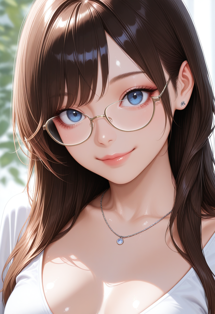 realistic smd1t, solo 1girl,
side swept bangs brown long hair blue eyes medium breasts,
piercing necklace looking_over_eyewear, white casual attire, close-up smile,
masterpiece, best quality, 32k, high resolution, absurdres, <lora:smd1t_ill_b:0.8>