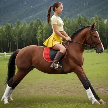 RiHorse, side_view++ (slim 25yo girl) riding a galloping horse. The girl wears yellow short skirt and red shirt. The girl has short brunette ponytail <lora:RideHorse:1>