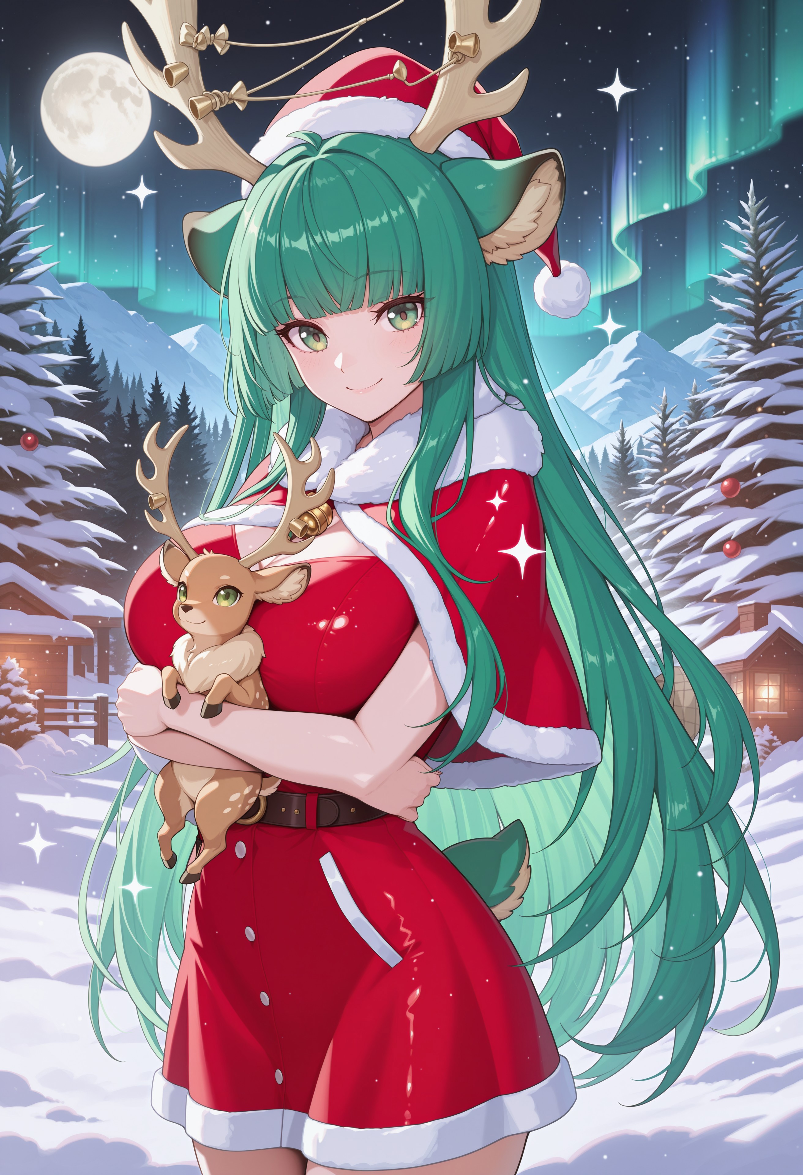 masterpiece, best quality, absurdres, 
1girl, Haruka_Karibu, deer ears, blunt bangs, animal ear fluff, very long hair, green eyes, green hair, deer horns, big breasts, reindeer antlers,
red santa dress, santa hat, fur-trimmed capelet,
outdoors, snowy forest, moonlight, Christmas trees, (sparkles, sparkling clothes), frosted, snow, aurora, moon, night,
cowboy shot, smile, holding animal, (hugging small reindeer), animal hug