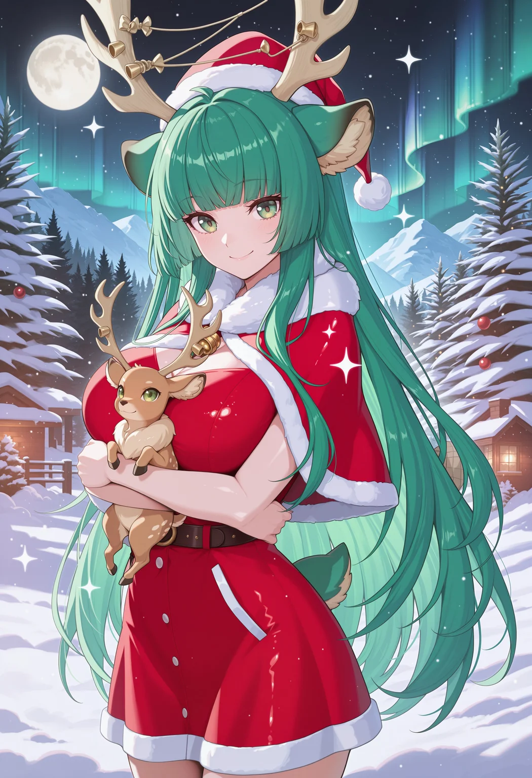 masterpiece, best quality, absurdres,
1girl, Haruka_Karibu, deer ears, blunt bangs, animal ear fluff, very long hair, green eyes, green hair, deer horns, big breasts, reindeer antlers,
red santa dress, santa hat, fur-trimmed capelet,
outdoors, snowy forest, moonlight, Christmas trees, (sparkles, sparkling clothes), frosted, snow, aurora, moon, night,
cowboy shot, smile, holding animal, (hugging small reindeer), animal hug