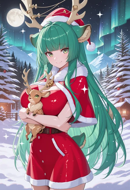 masterpiece, best quality, absurdres, 
1girl, Haruka_Karibu, deer ears, blunt bangs, animal ear fluff, very long hair, green eyes, green hair, deer horns, big breasts, reindeer antlers,
red santa dress, santa hat, fur-trimmed capelet,
outdoors, snowy forest, moonlight, Christmas trees, (sparkles, sparkling clothes), frosted, snow, aurora, moon, night,
cowboy shot, smile, holding animal, (hugging small reindeer), animal hug