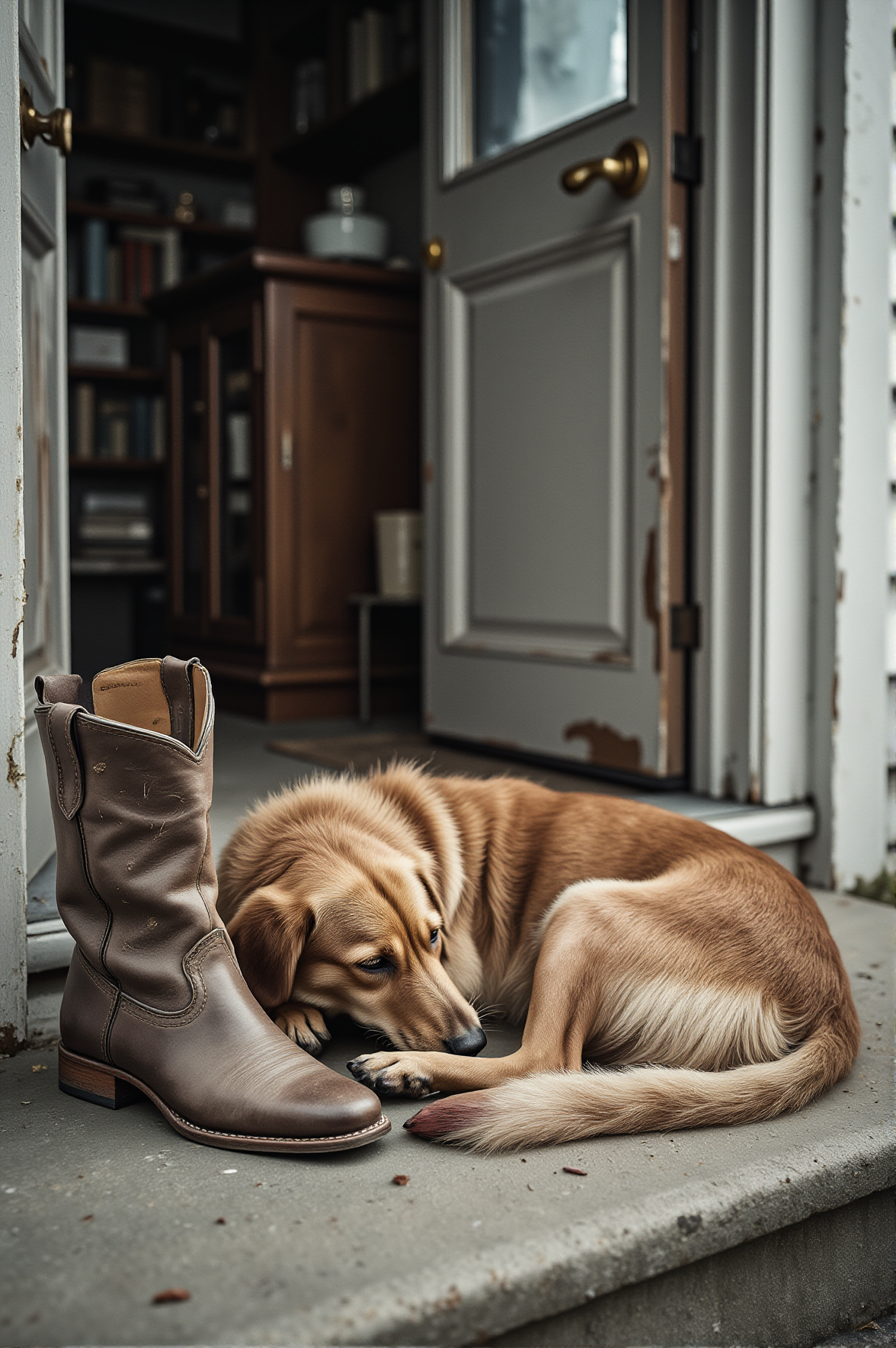 Outside a quiet farmhouse, an old dog lies curled up beside a pair of worn-out boots, untouched since their owner left and never returned. The door remains shut, but the dog still waits, ears perking up at every distant sound. The wind rustles the fields, but no familiar footsteps come. The fading scent of home is all that remains.
<lora:melancholic-solitude-flux:1>