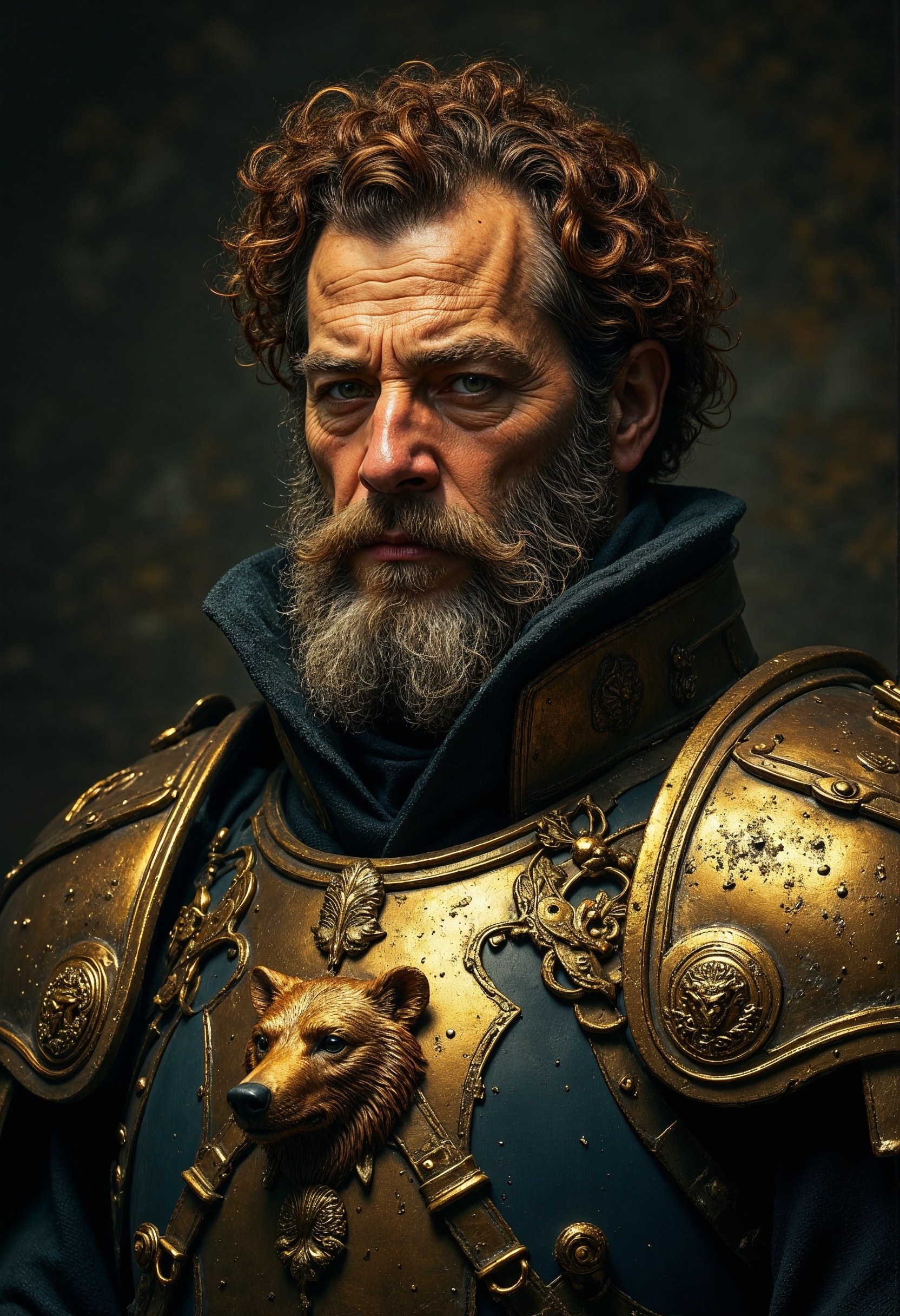 R3alisticF, A distinguished middle-aged captain of the guards stands in full regalia, exuding authority and experience. His striking eyes command attention, contrasting with his neatly cropped gray beard and chestnut curly hair. The bear crest on his armor symbolizes his strength and loyalty. This vivid portrayal, whether a painting or photograph, captures the essence of a formidable and respected knight in exquisite detail and quality. <lora:FluxMythR3alisticF:1>