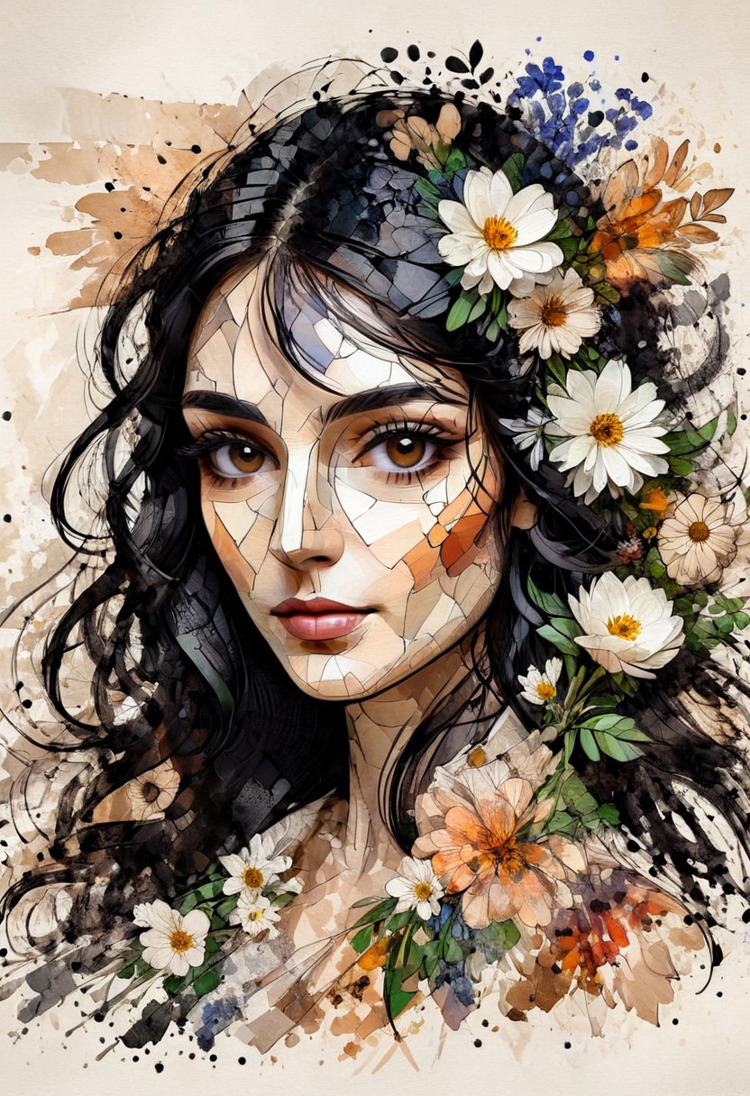 InkMosaic, a portrait of a woman with flowers in her long black hair, brown eyes